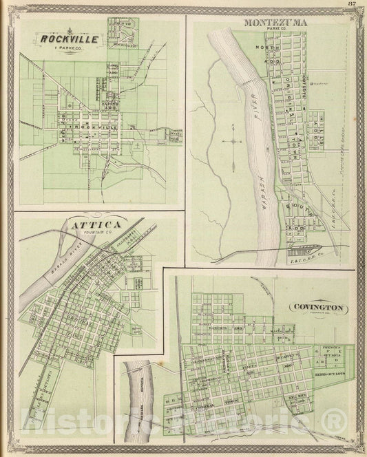 Historic Map : 1876 Rockville, Parke Co, Montezuma, Parke Co, Attica, Fountain Co, Covington, Fountain Co. - Vintage Wall Art