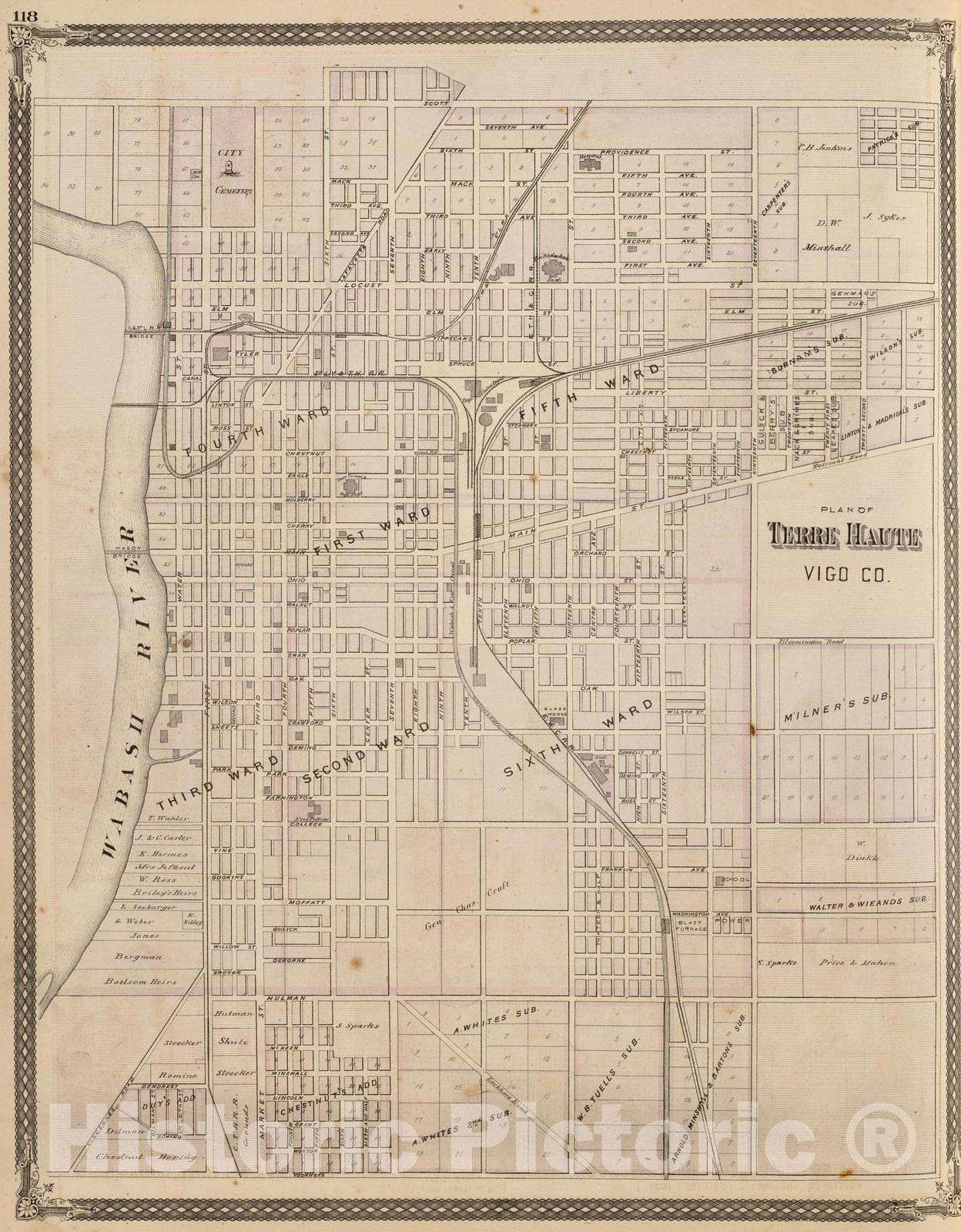Terre Haute, Vigo County, Indiana 1876 Historical Map Print