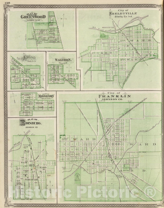 Historic Map : 1876 City of Franklin, Johnson Co. (with) Shelbyville, Fairland, Waldron, Morristown, Shelby, Greenwood, Edinburg. - Vintage Wall Art