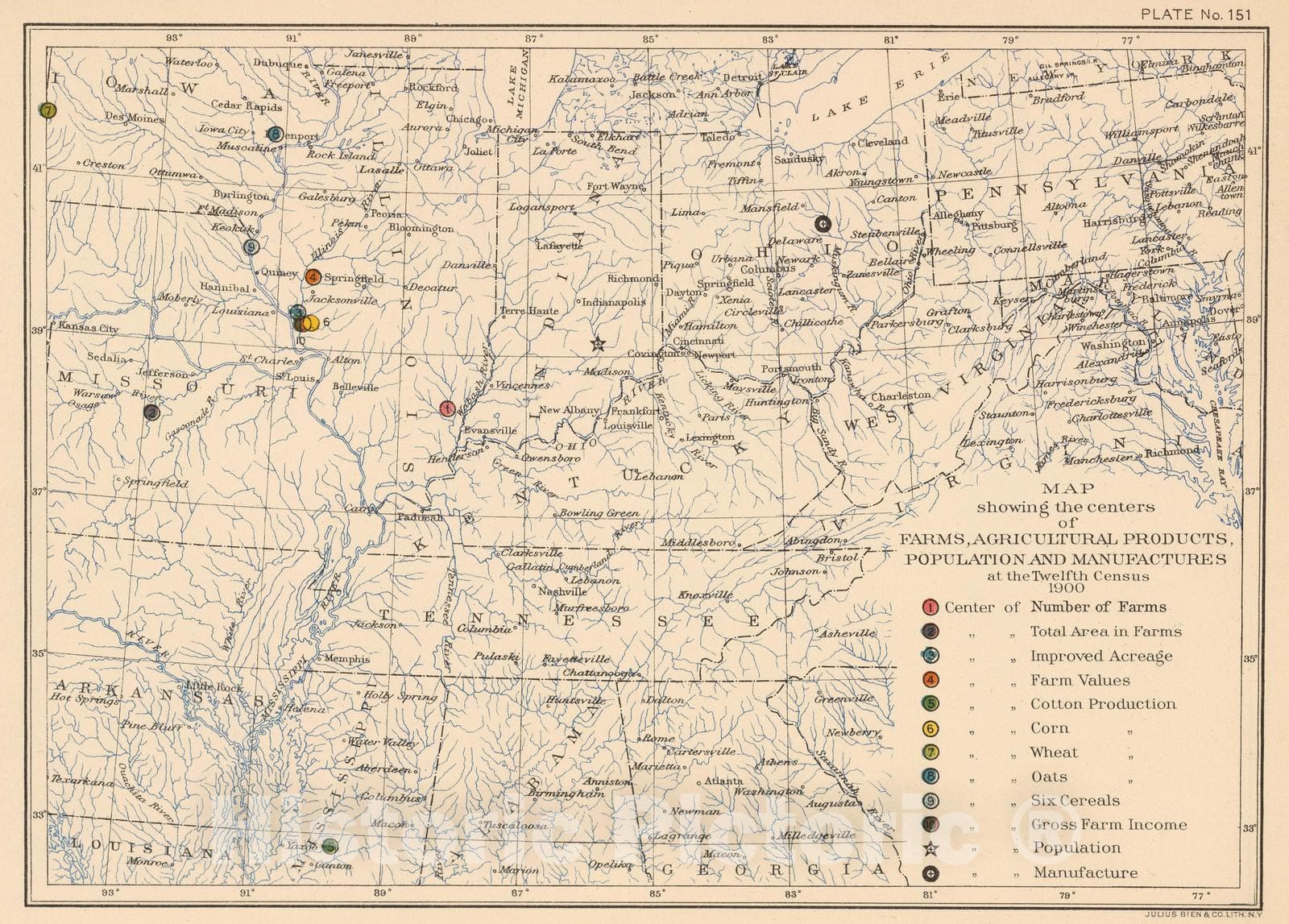 Historic Map : Statistical Atlas - 1903 151. Centers farm, agricultural products, population, manufactures. - Vintage Wall Art