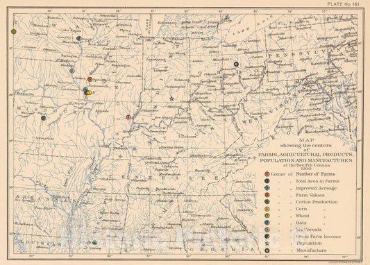 Historic Map : Statistical Atlas - 1903 151. Centers farm, agricultural products, population, manufactures. - Vintage Wall Art