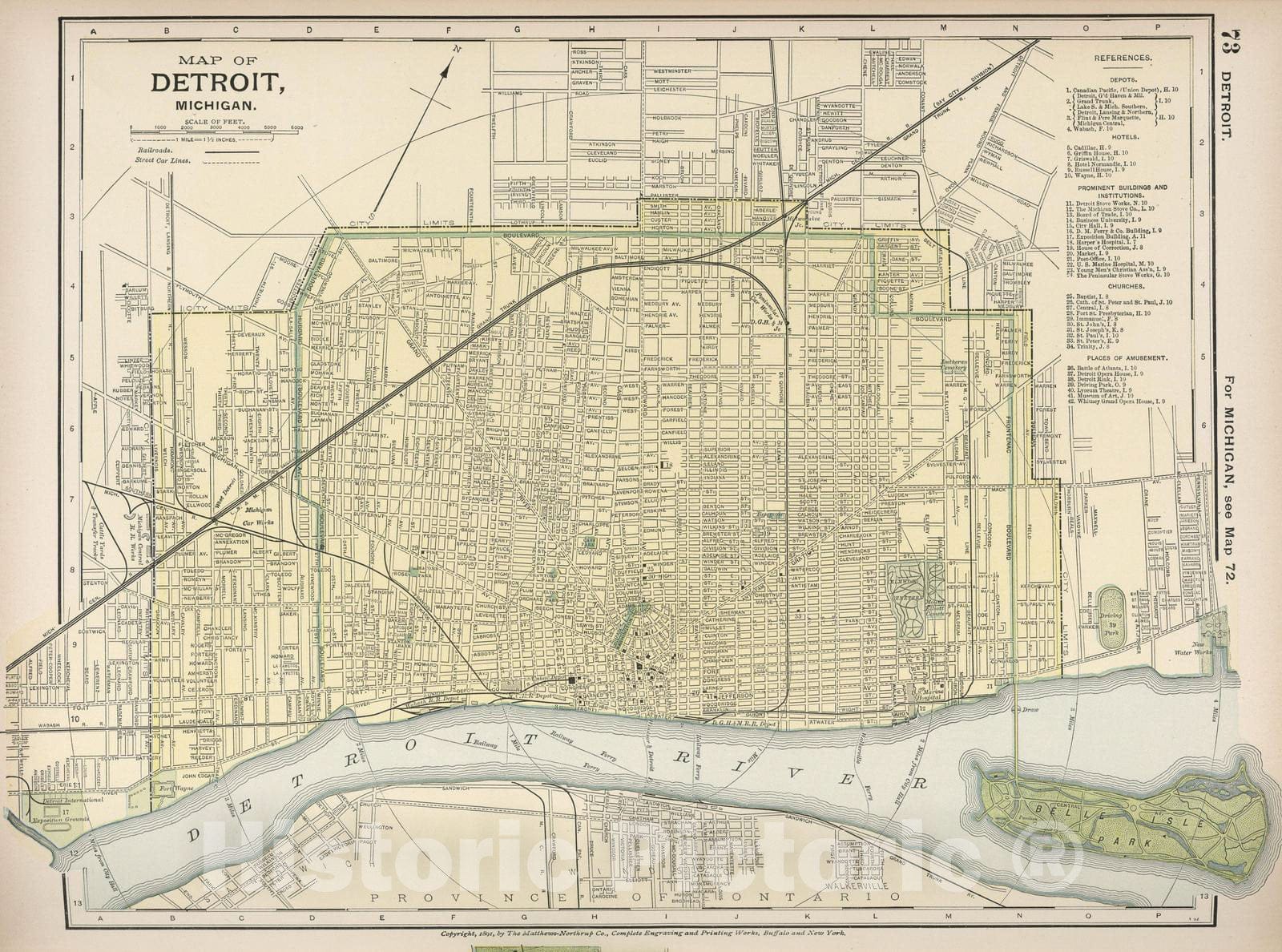Detroit, Michigan - Railroad Map, 1891 - Historical Map Print