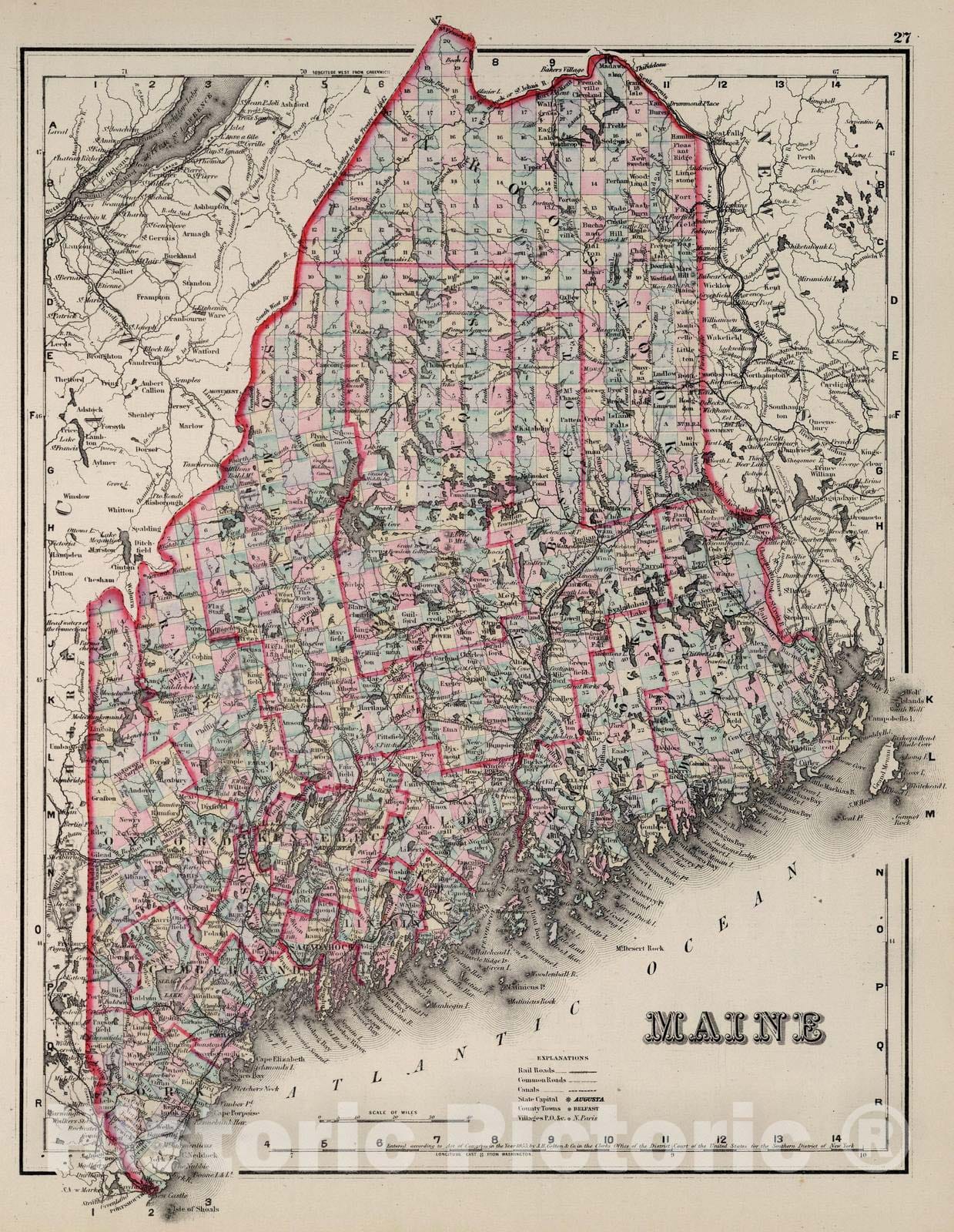 Historic Map : National Atlas - 1855 Maine. - Vintage Wall Art