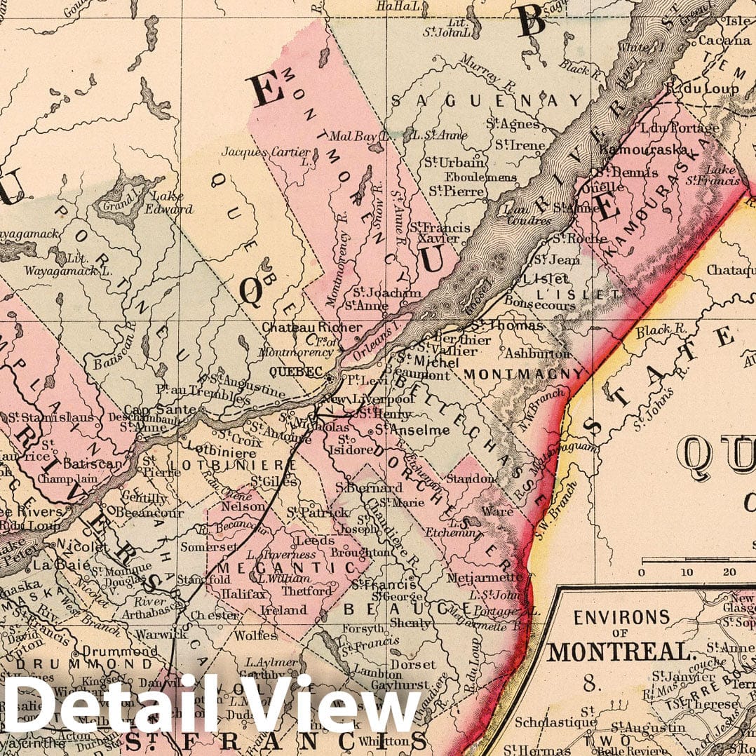 Map of Quebec in Counties with Montreal Inset - 1868 Mitchell's Atlas