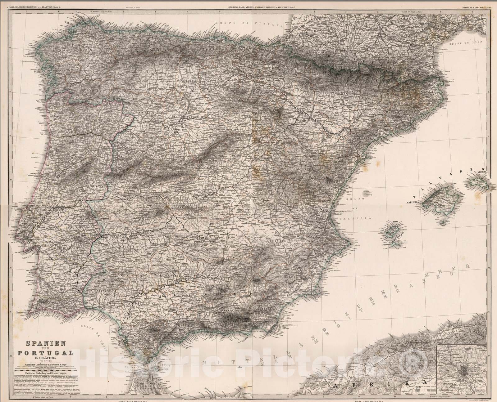Historic Map : Portugal, Iberian Peninsula 1879 Composite: Spanien und Portugal in IV Blattern. , Vintage Wall Art