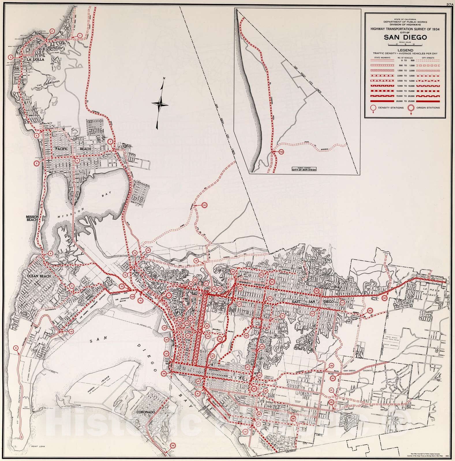 San Diego - Road Map, 1935 - Historical Map Print