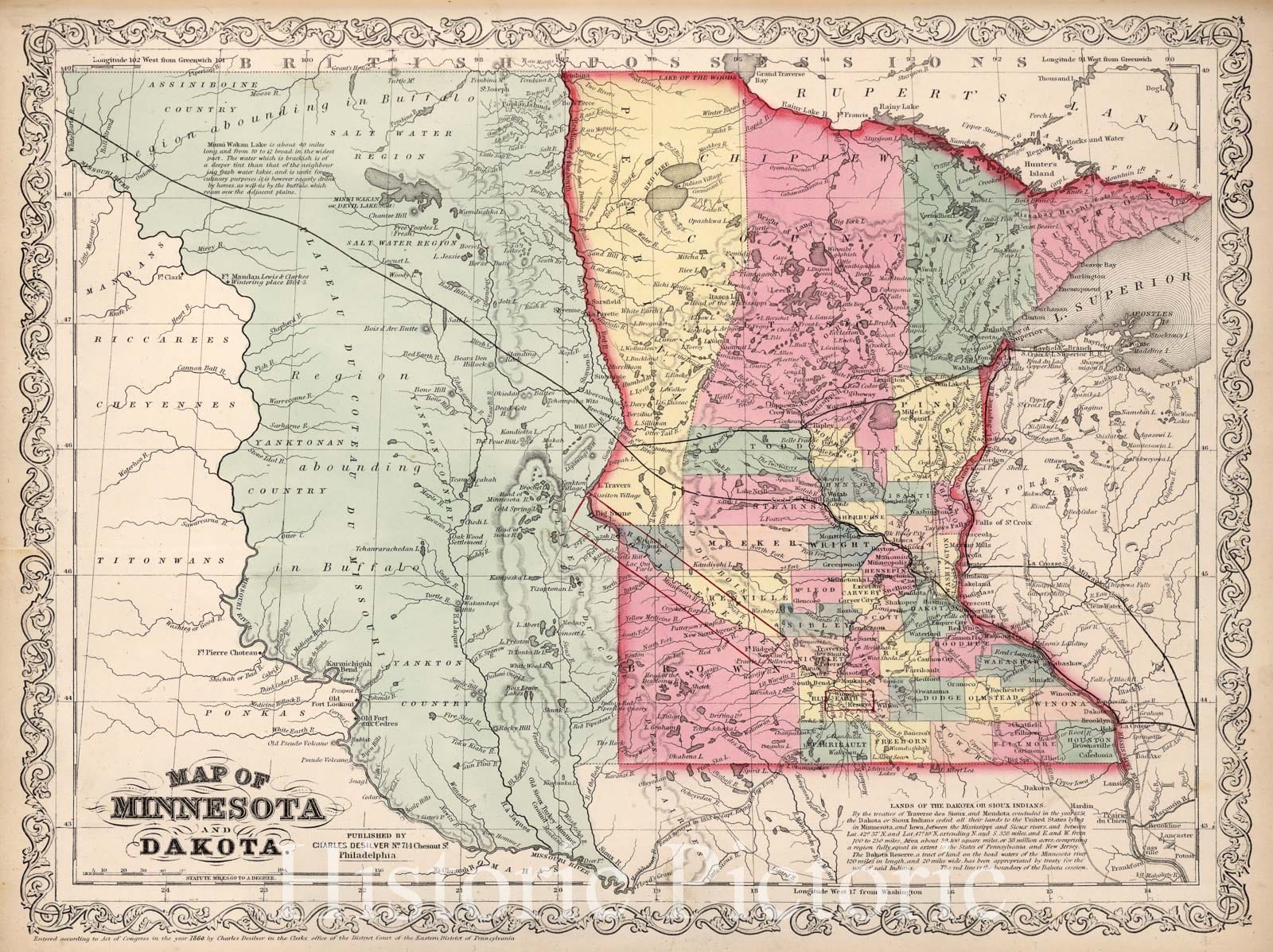 Minnesota and Dakota, 1860 - Historical Map Print