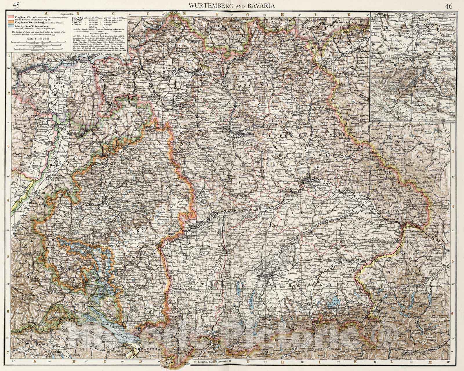 Historic Map : 1900 Wurtemberg and Bavaria - Vintage Wall Art