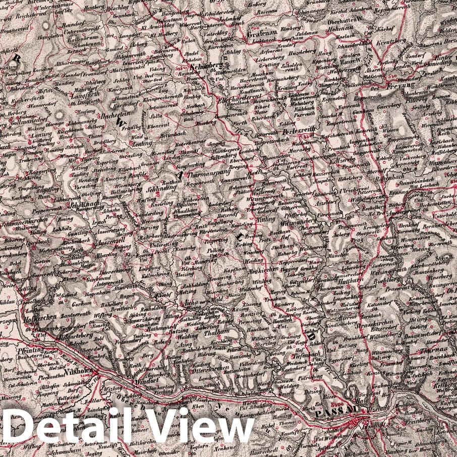 Passau, Germany - Road Map, 1838 - Historical Map Print