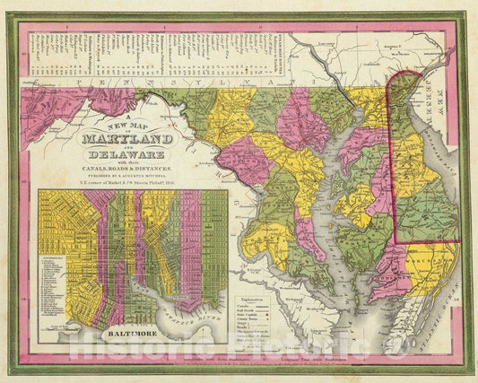 Historic Map : 1846 New Map Of Maryland and Delaware. - Vintage Wall Art