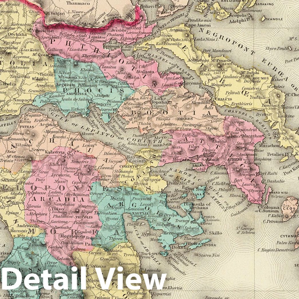Greece and the Ionian Islands - Physical Map, 1856 - Historical Map Print