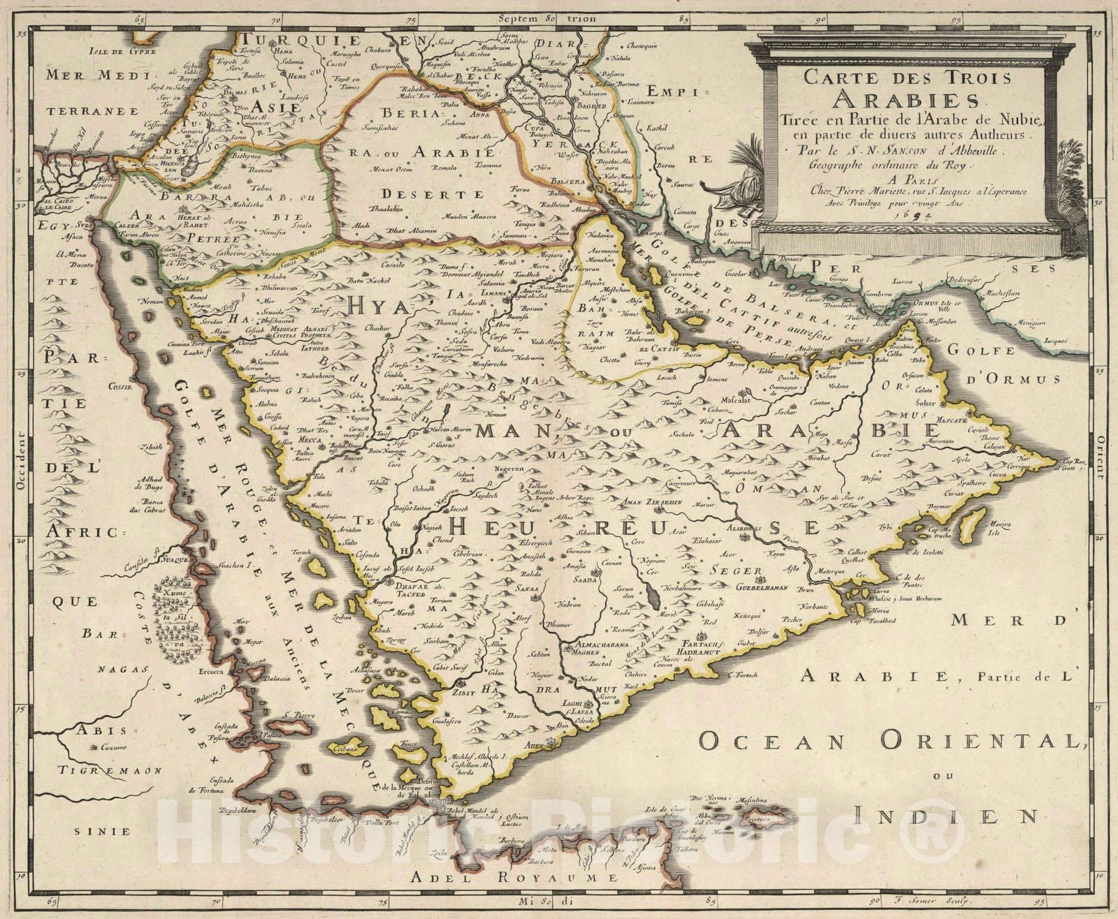 Historic Wall Map : Saudi Arabi, Arabia 1694 Three Arabias. , Vintage Wall Art