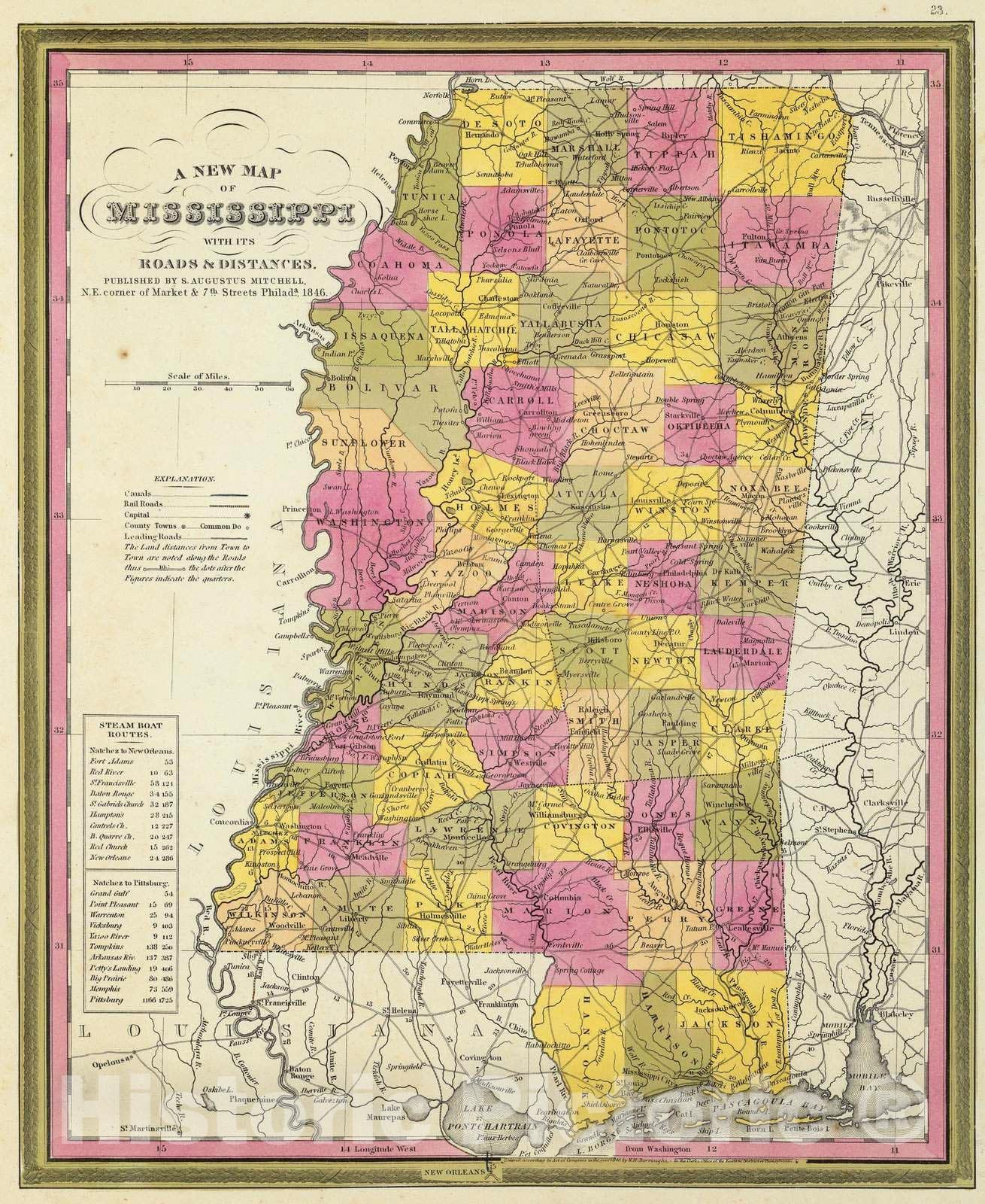 Mississippi Road Map 1846 - Historical Map Print