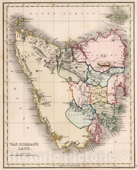 Historic Map : Tasmania 1832 Van Diemen's Land (Tasmania). , Vintage Wall Art