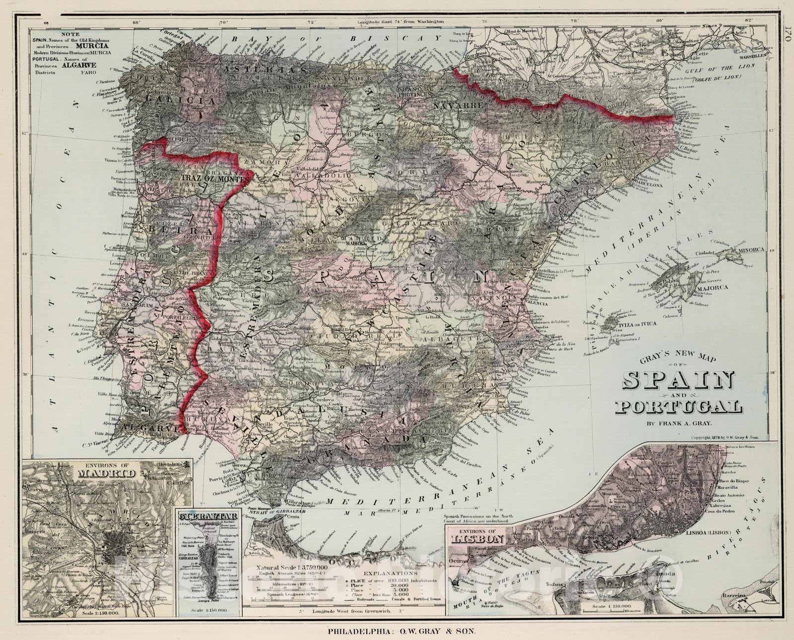 Historic Map : National Atlas - 1878 Spain and Portugal. - Vintage Wall Art
