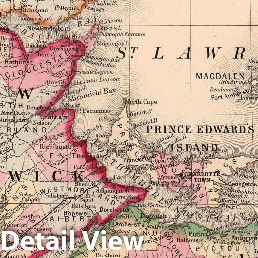 Nova Scotia, New Brunswick, Cape Breton Island, and Prince Edward Island, 1868 Historical Map Print