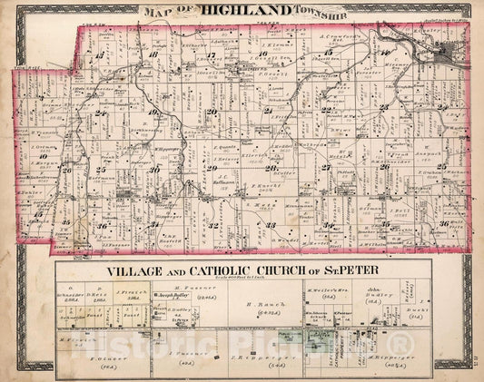 Historic Map : 1882 Highland Township. Village and Catholic Church of St. Peter. - Vintage Wall Art