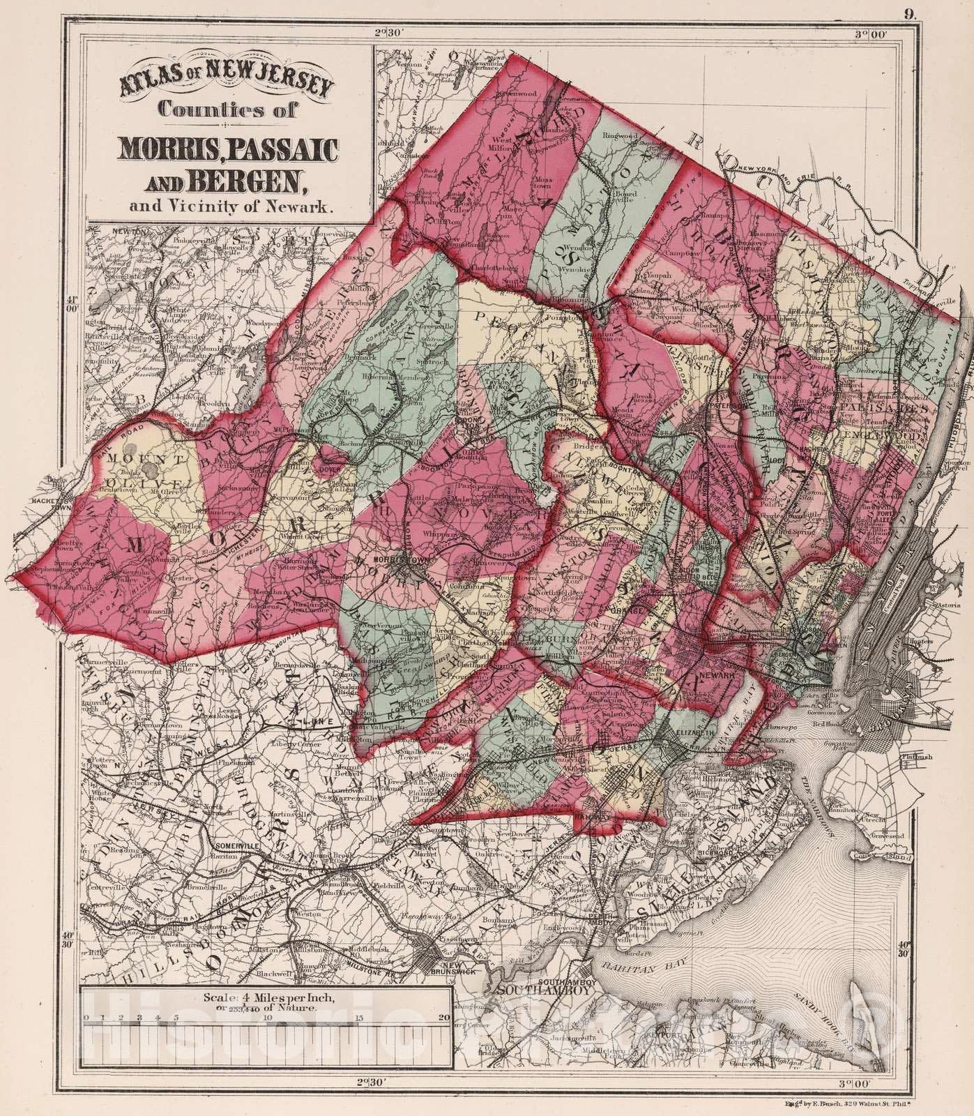 Historic Map - 1873 Atlas of New Jersey, Counties of Morris, Passaic and Bergen, and Vicinity of Newark. - Vintage Wall Art
