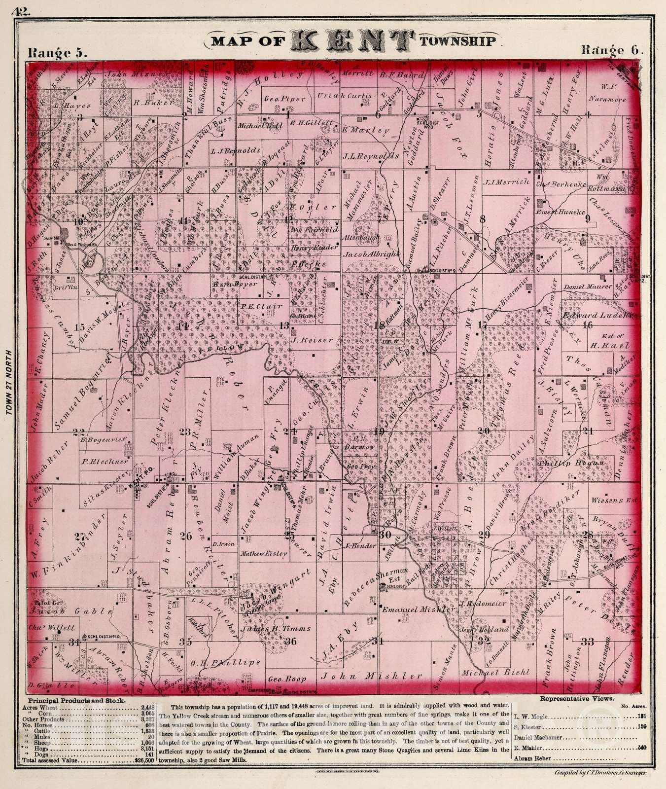 Historic Map : 1871 Kent Township, Stephenson County, Illinois. - Vintage Wall Art