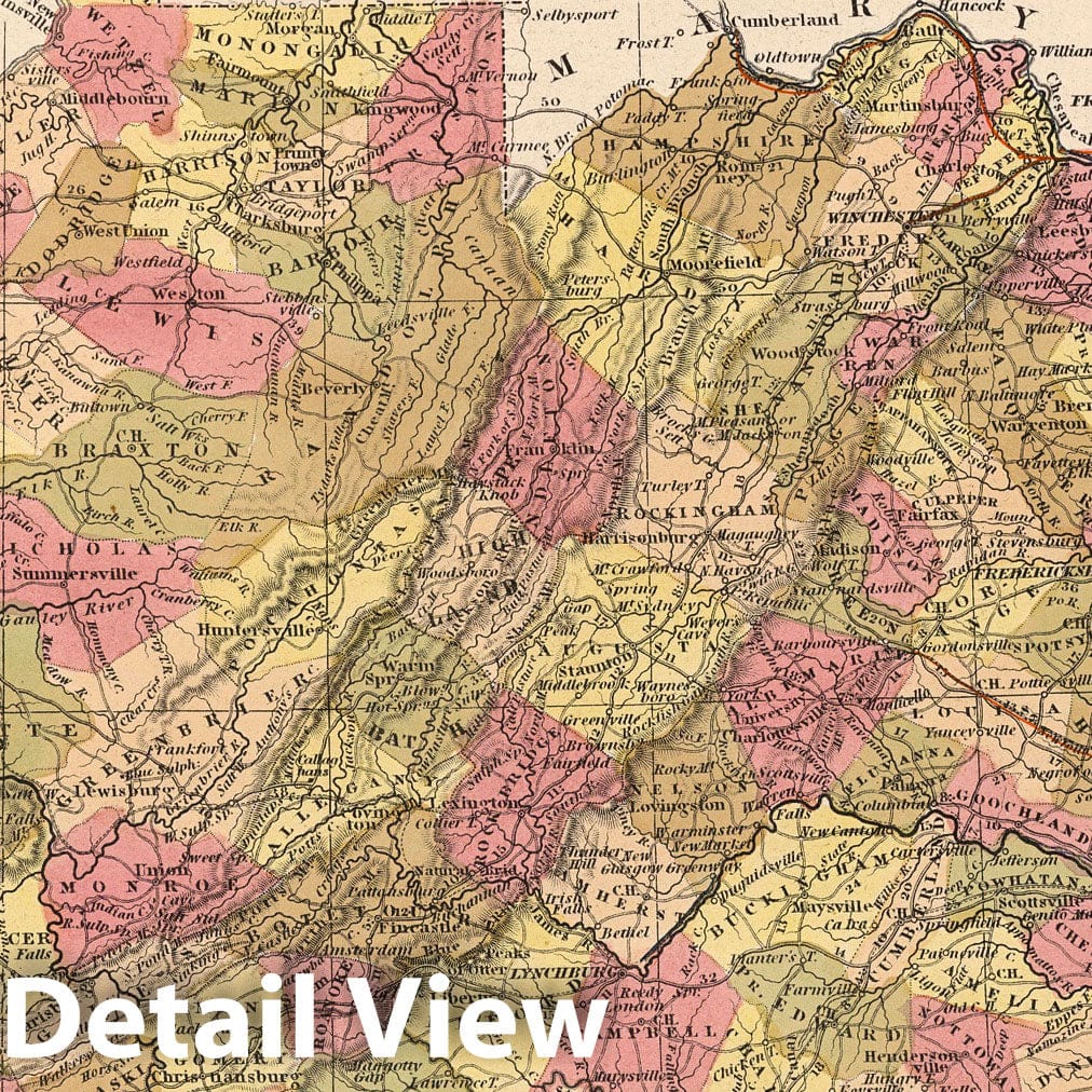 Virginia - Road Map, 1850 - Historical Map Print