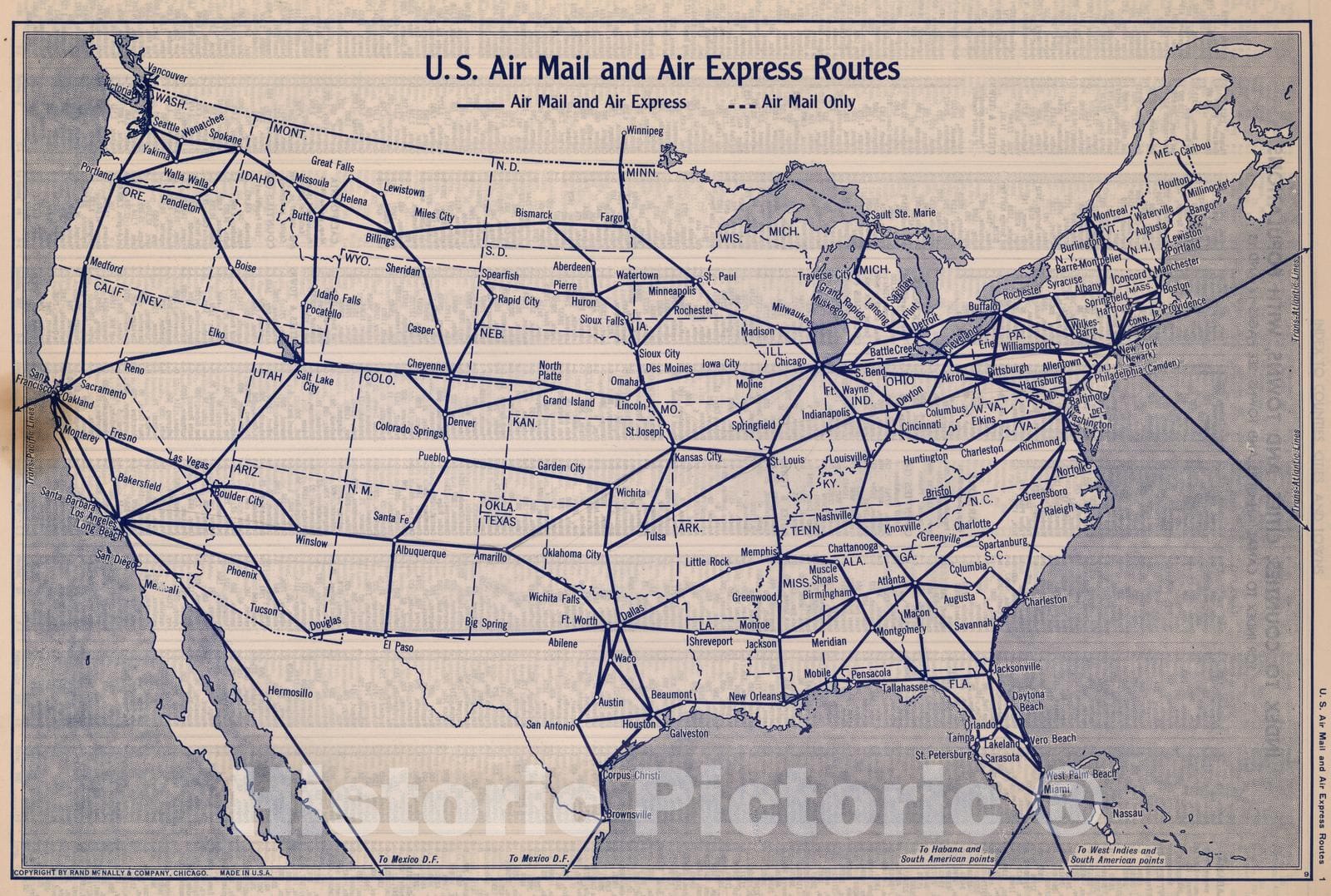 Historic Map : National Atlas - 1940 U.S. Air Mail and Air Express Routes - Vintage Wall Art