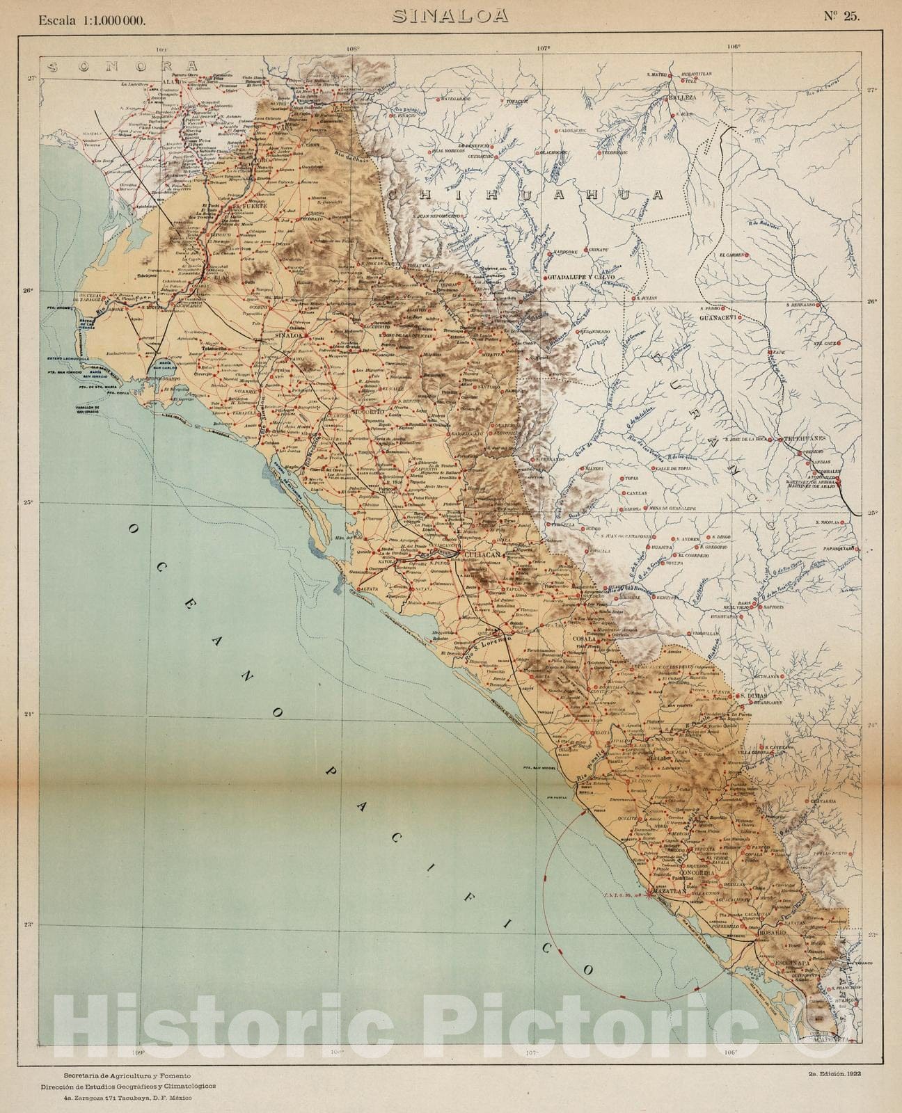 Historic Map : Mexico, Sinaloa (Mexico : State 1922 No. 25: Sianloa, Atlas , Vintage Wall Art