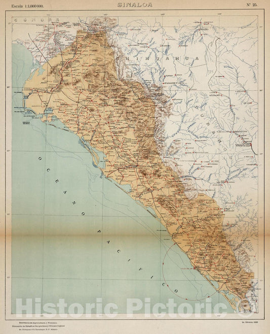 Historic Map : Mexico, Sinaloa (Mexico : State 1922 No. 25: Sianloa, Atlas , Vintage Wall Art