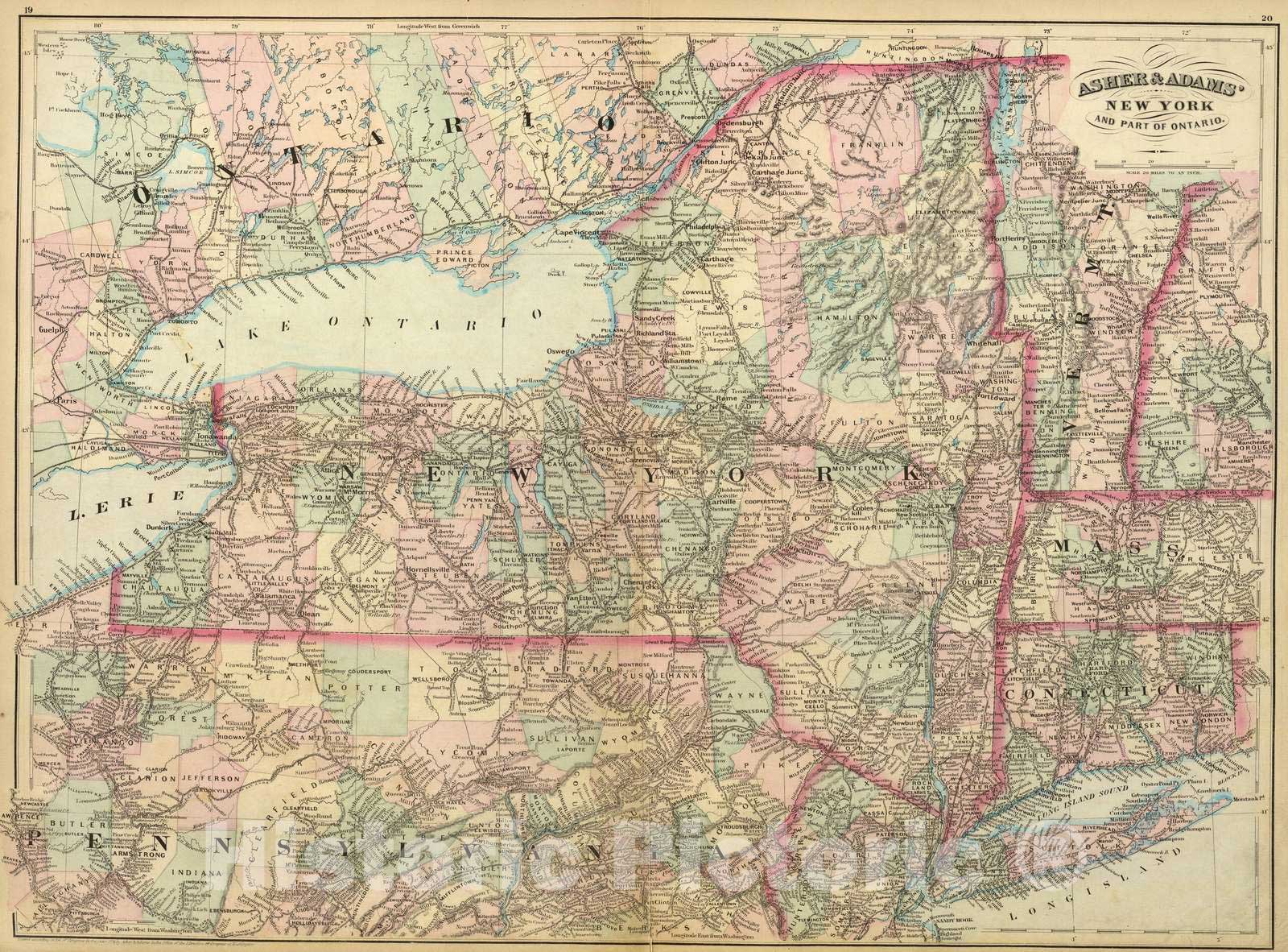 Historic Wall Map : New York, 1874 N.Y, Ontario. , Vintage Wall Art