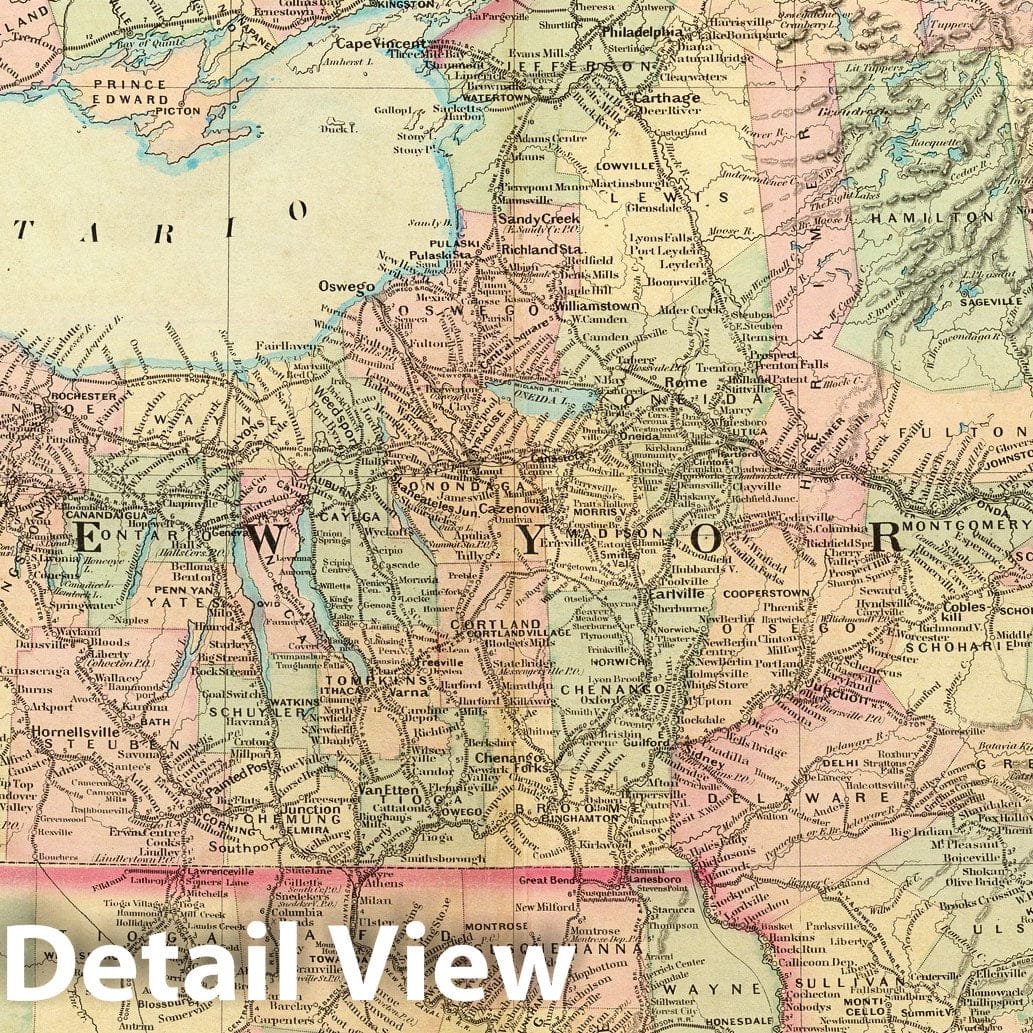 New York and Ontario - Railroad Map, 1874 - Asher & Adams Historical Reproduction