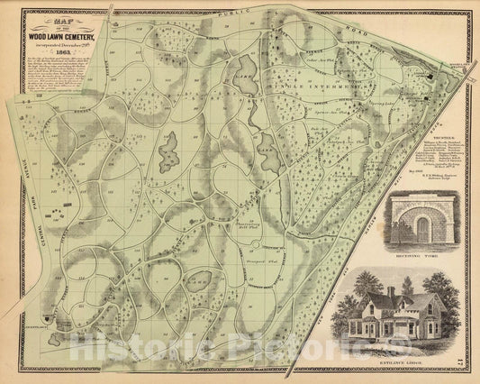 Historic Wall Map : 1868 Woodlawn Cemetery. - Vintage Wall Art
