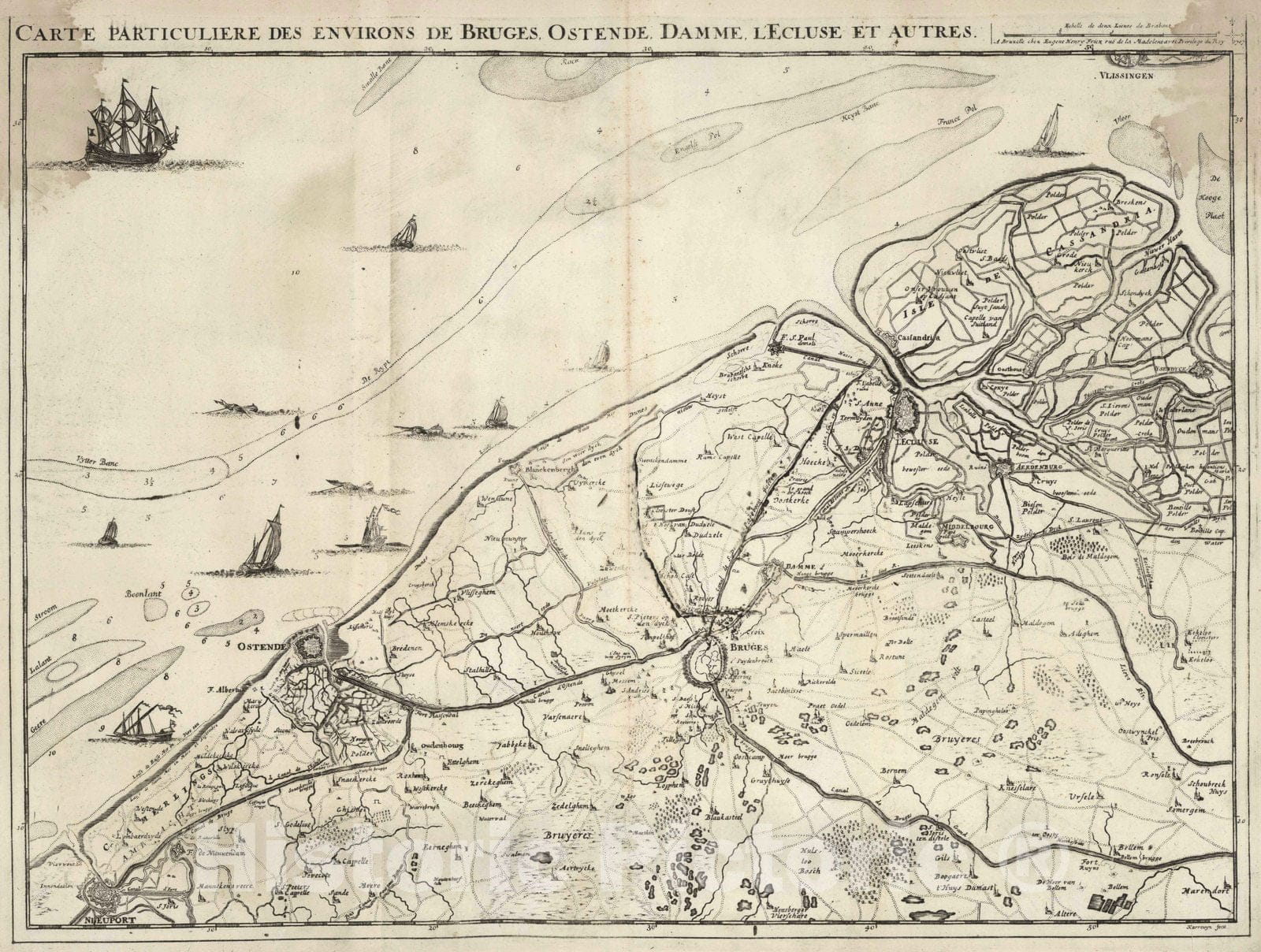 Historic Map : Netherlands, 1707 3. Carte particuliere des environs de Bruges, Ostende, Damme, l'Ecluse, et Autres. 1707. , Vintage Wall Art