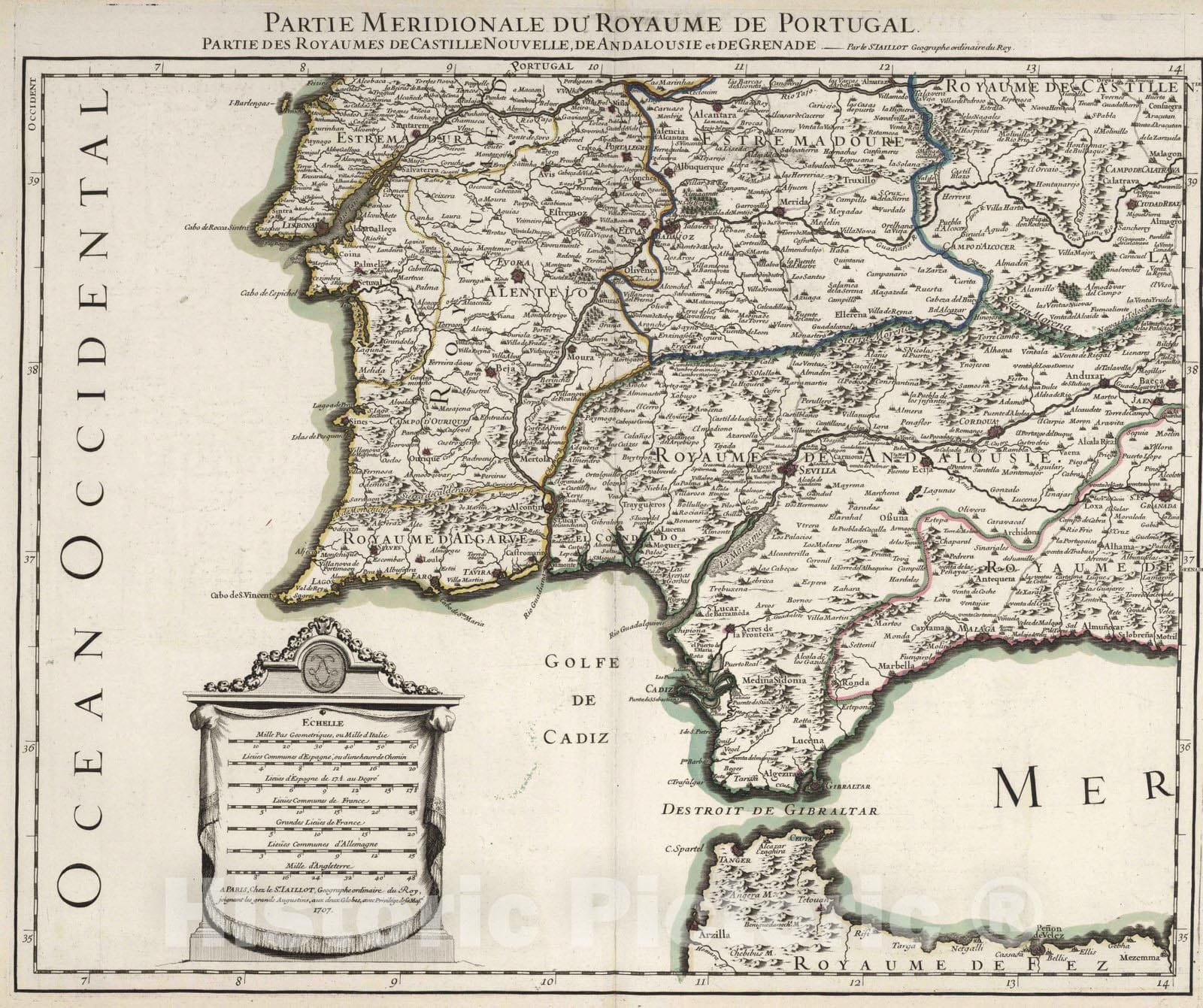 Historic Map : 1707 L'Espagne (southwestern sheet). - Vintage Wall Art
