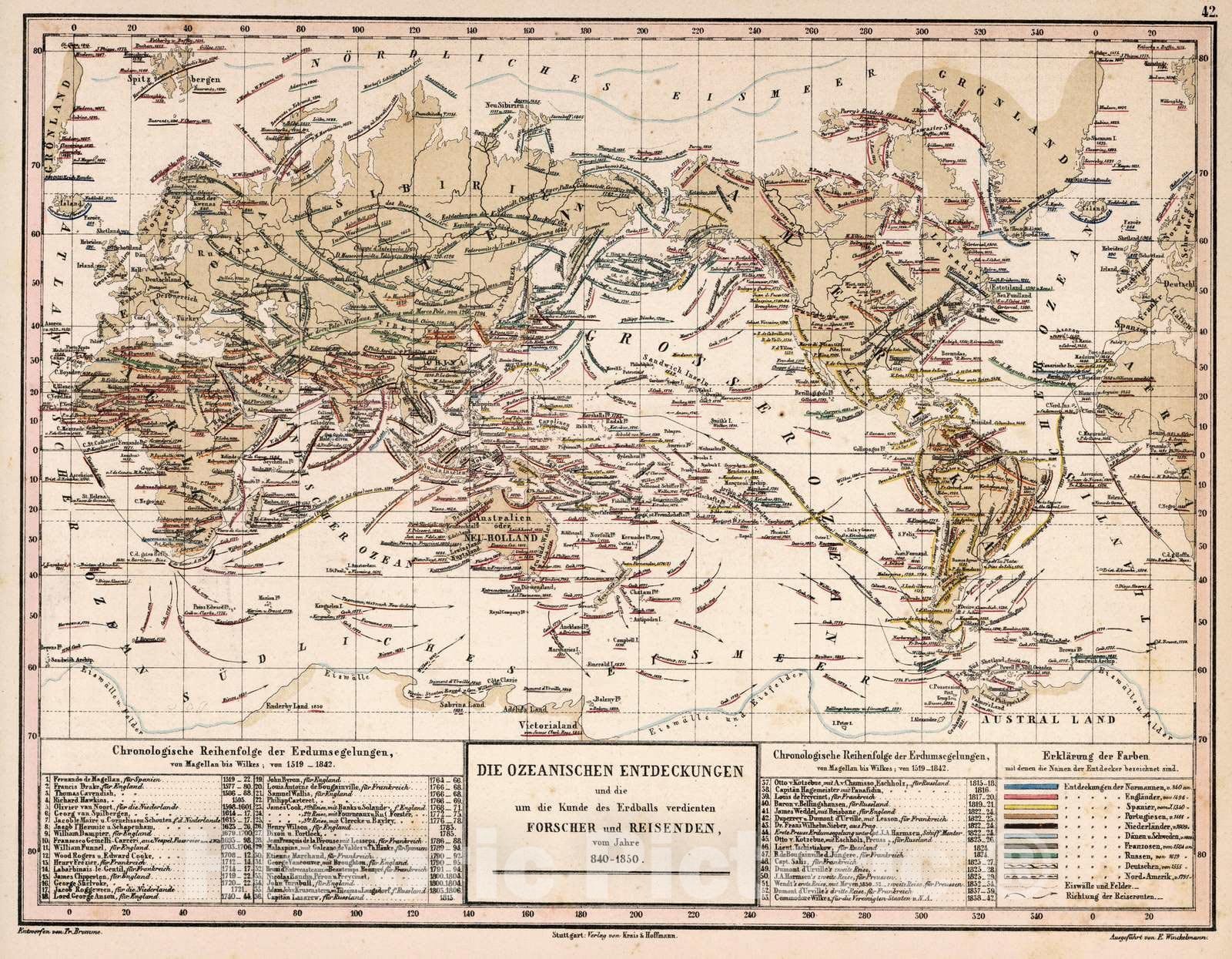 World - Oceanic Discoveries and Explorers, 1850 - Historical Map Print