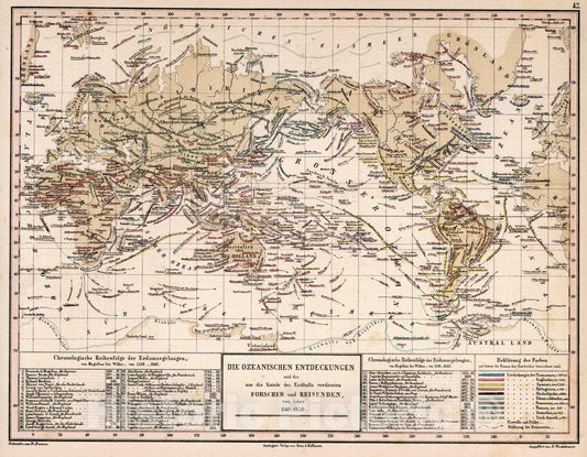 World - Oceanic Discoveries and Explorers, 1850 - Historical Map Print