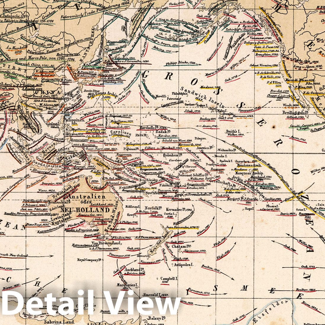 World - Oceanic Discoveries and Explorers, 1850 - Historical Map Print