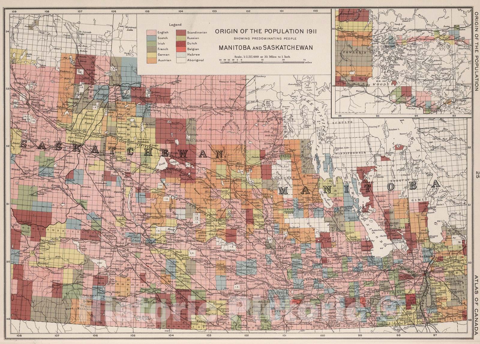 Historic Map : National Atlas - 1915 Origin of the population 1911. Manitoba and Saskatchewan - Vintage Wall Art