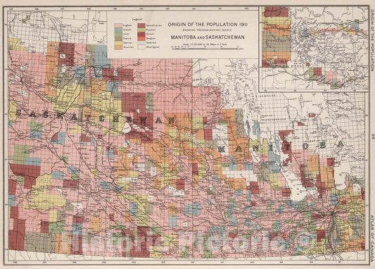 Manitoba and Saskatchewan - Population Map, 1915 - Historical Atlas Reproduction