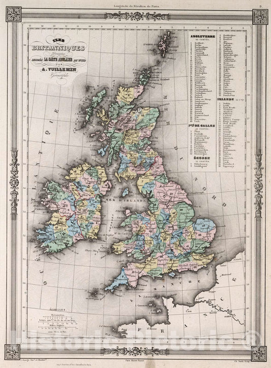 Historic Map : British Isles. 1852 Iles Britanniques. , Vintage Wall Art