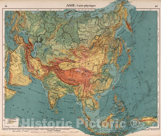 Historic Map : School Atlas - 1921 Asie. Carte Physique - Vintage Wall Art