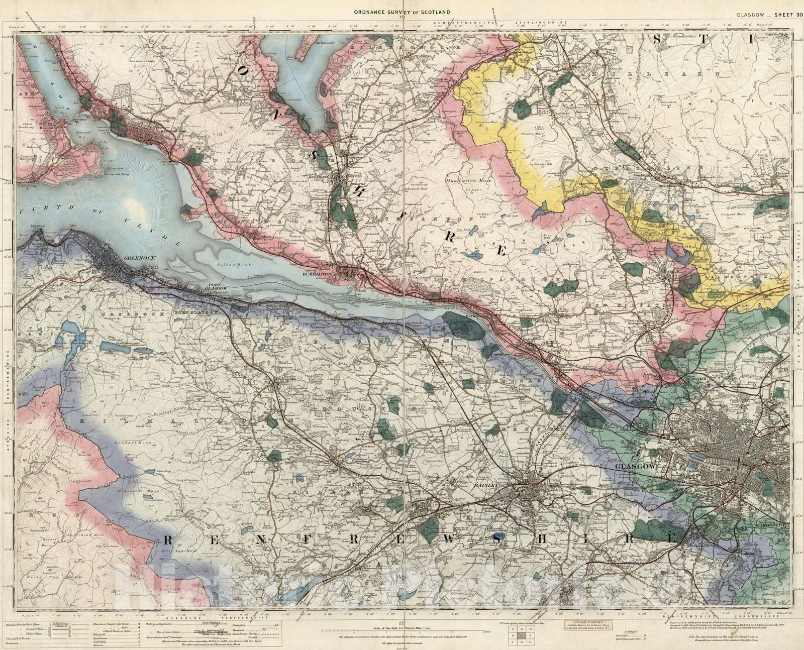 Historic Map : National Atlas - 1898 Volume 1: Sheet 30 - Glasgow - Vintage Wall Art