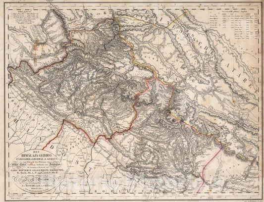 Historic Map : Bhutan, 1933 Himalayan mountains in Bissahir, Gherwal & Kemaun. , Vintage Wall Art