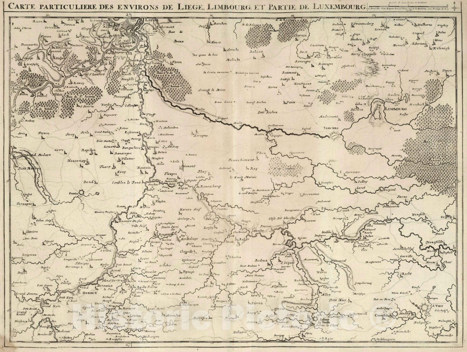 Historic Map : Belgium, 1708 18. Carte particuliere des environs de Liege, Limbourg, et Partie de Luxembourg. 1708. , Vintage Wall Art