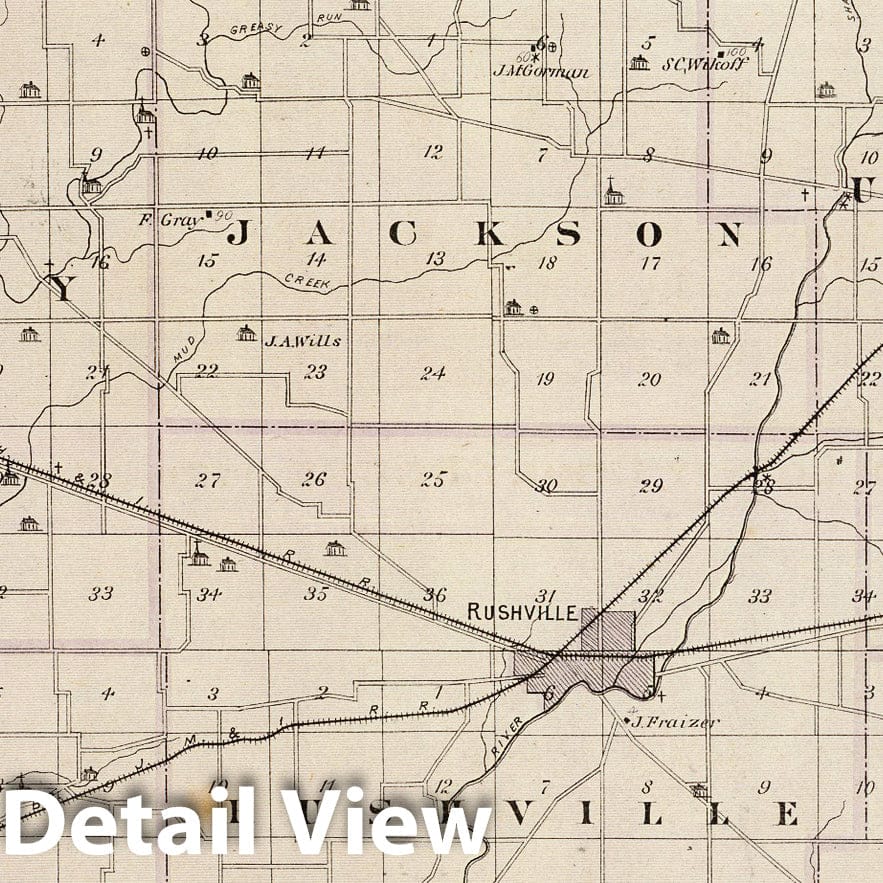 Rush County, Indiana - Railroad Map, 1876 - Historical Atlas Print