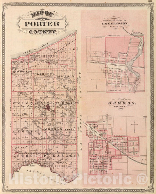 Historic Map : 1876 Map of Porter County (with) Chesterton, Hebron. - Vintage Wall Art