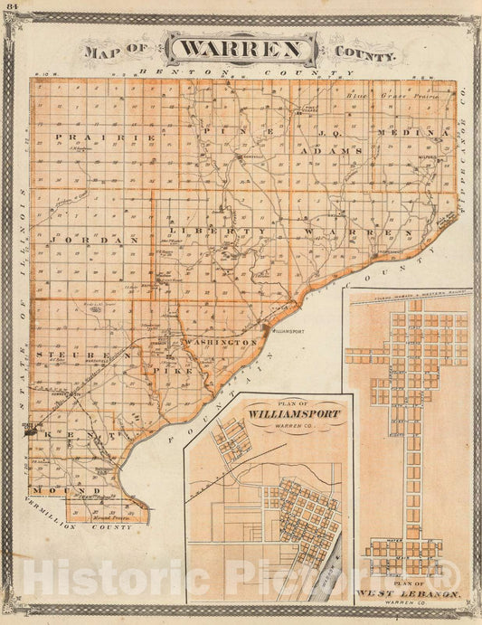 Historic Map : 1876 Map of Warren County. (with) Plan of West Lebanon, Williamsport, Warren Co. - Vintage Wall Art