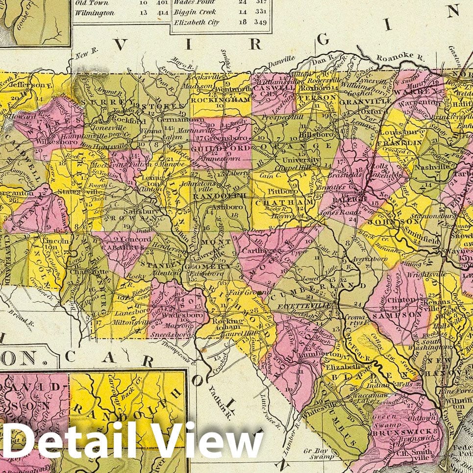 North Carolina with Newbern Region and Gold Region - Road Map, 1846 - Historical Map Print