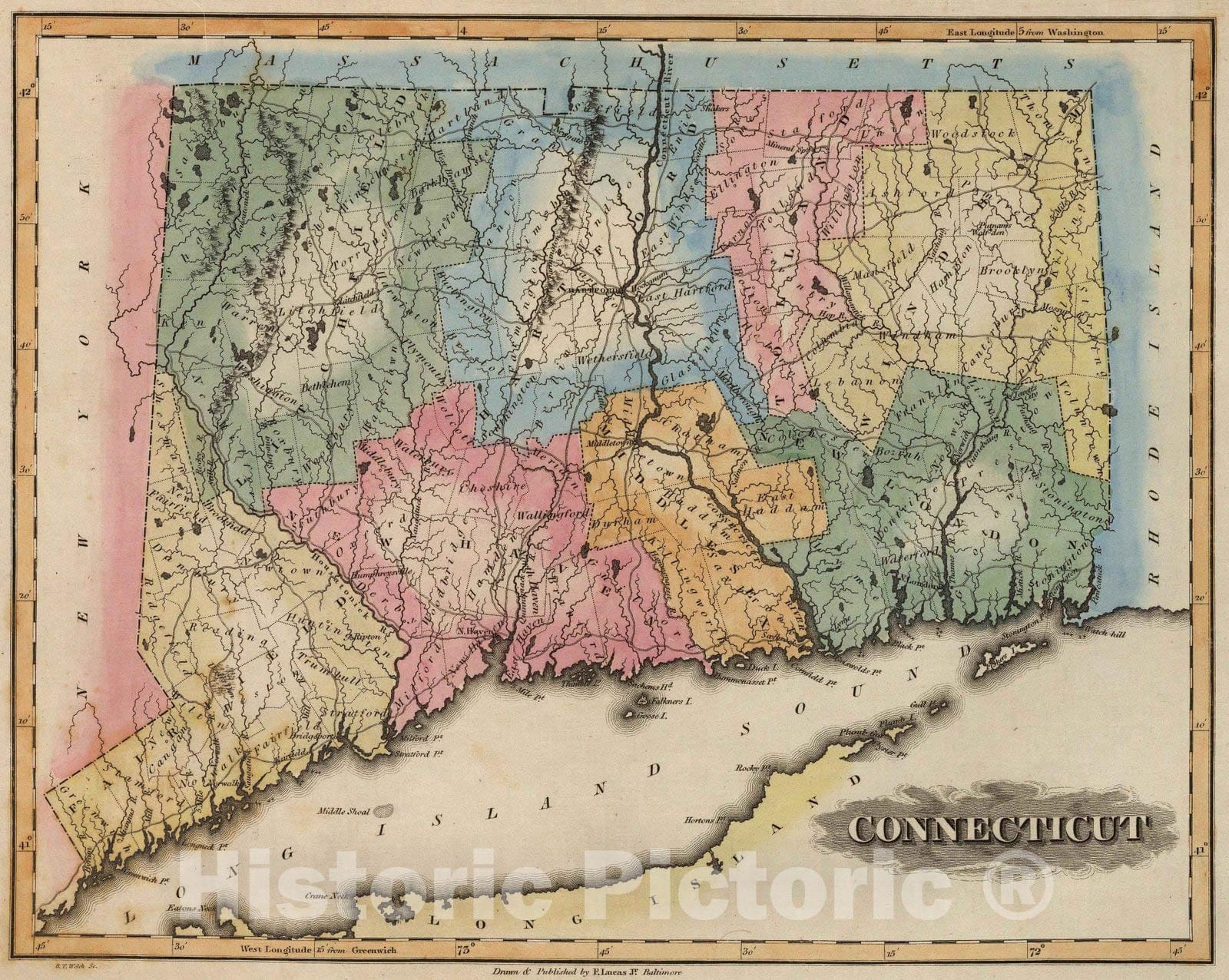 Historic Map : 1823 Connecticut. - Vintage Wall Art