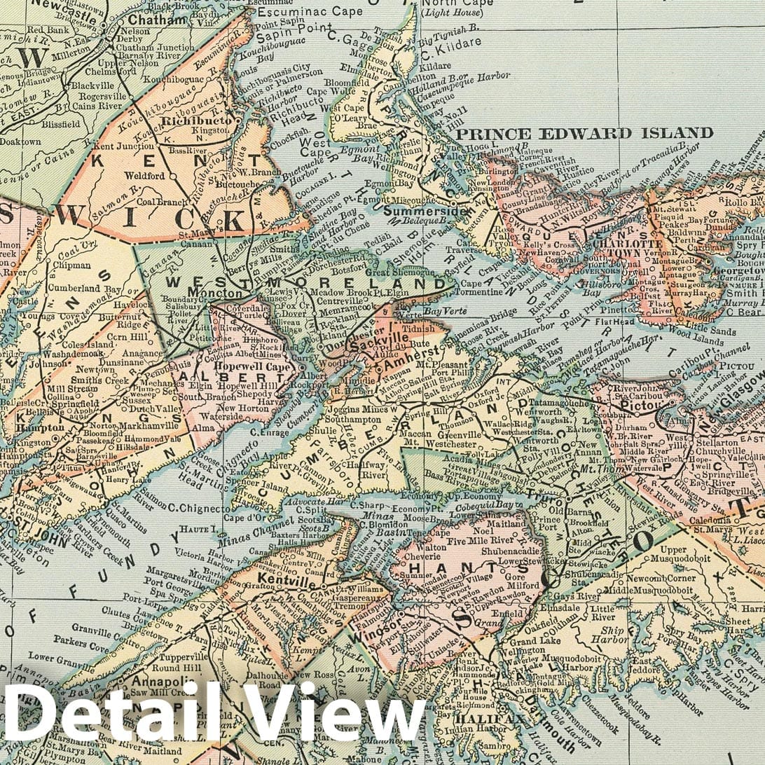 Map of New Brunswick, Nova Scotia and Prince Edward Island with Newfoundland Inset - 1891 Railroad Map Print