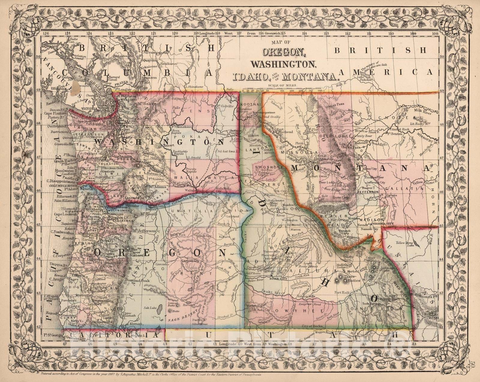 Historic Map : 1868 Map of Oregon, Washington, Idaho, and part of Montana - Vintage Wall Art