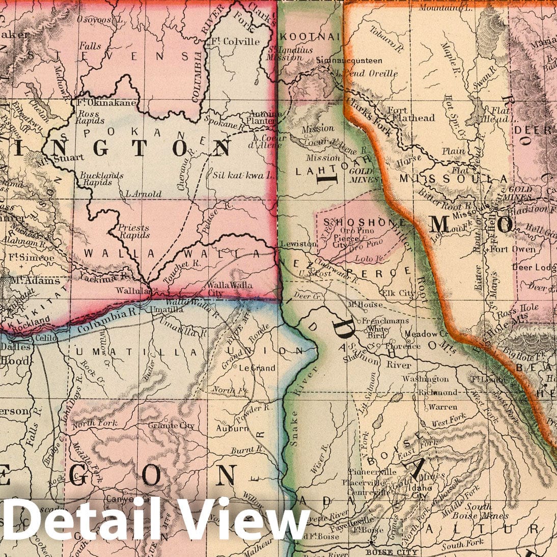 Oregon, Washington, Idaho, and Montana, 1868 - Historical Map Print